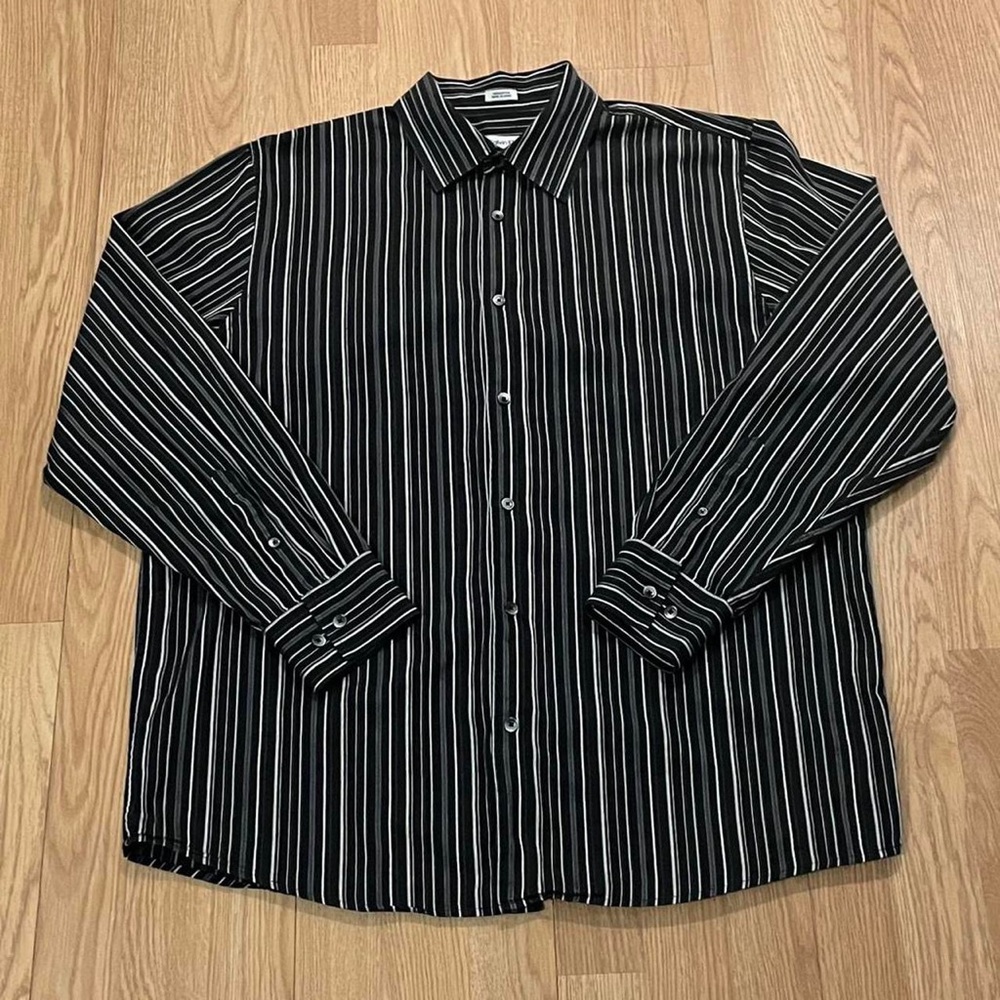 Calvin Klein Mens Large Long Sleeve Button Down Shirt Black Striped Preppy